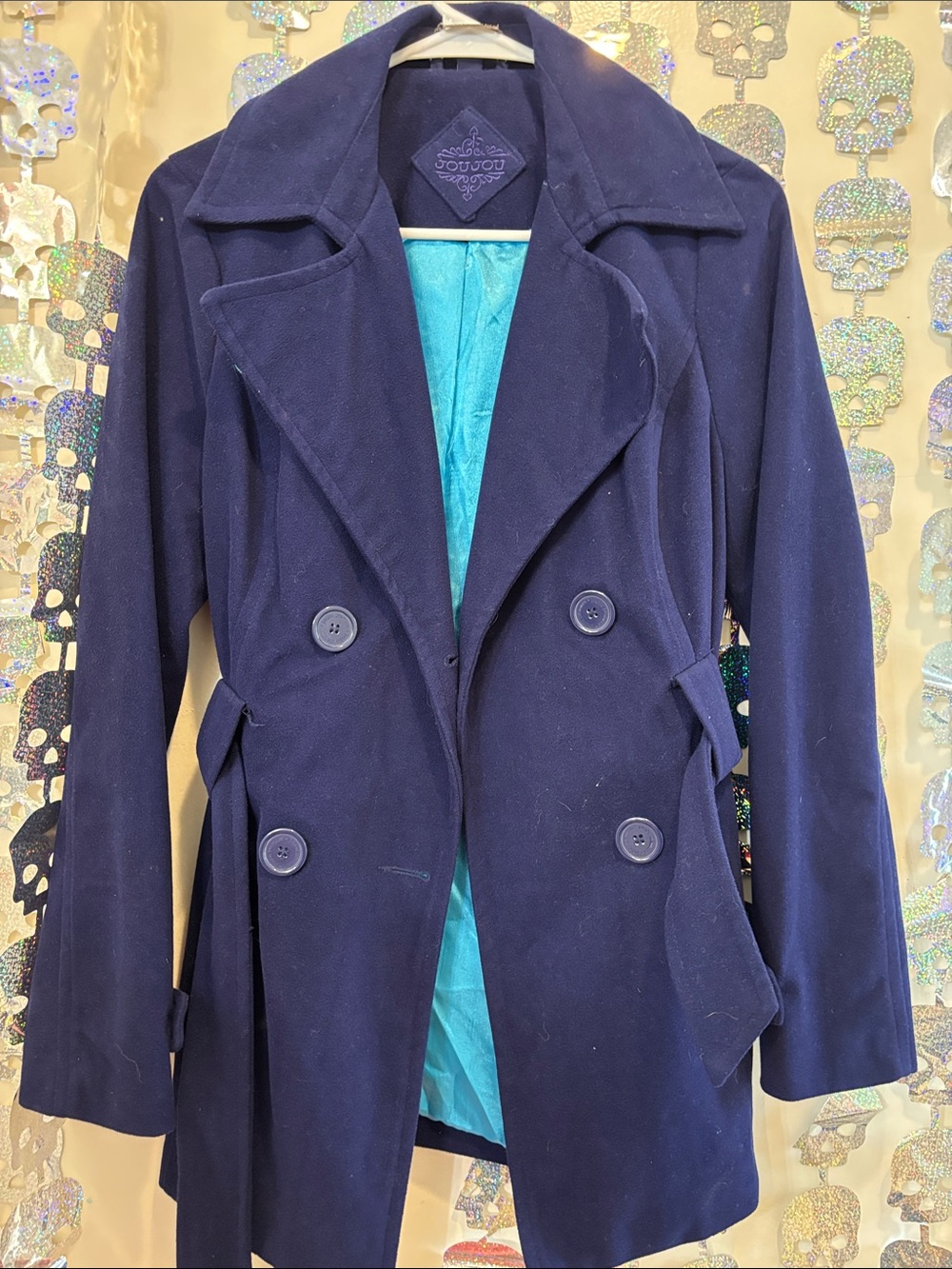 Jou Jou Navy Double-Breasted Peacoat with Teal Lining